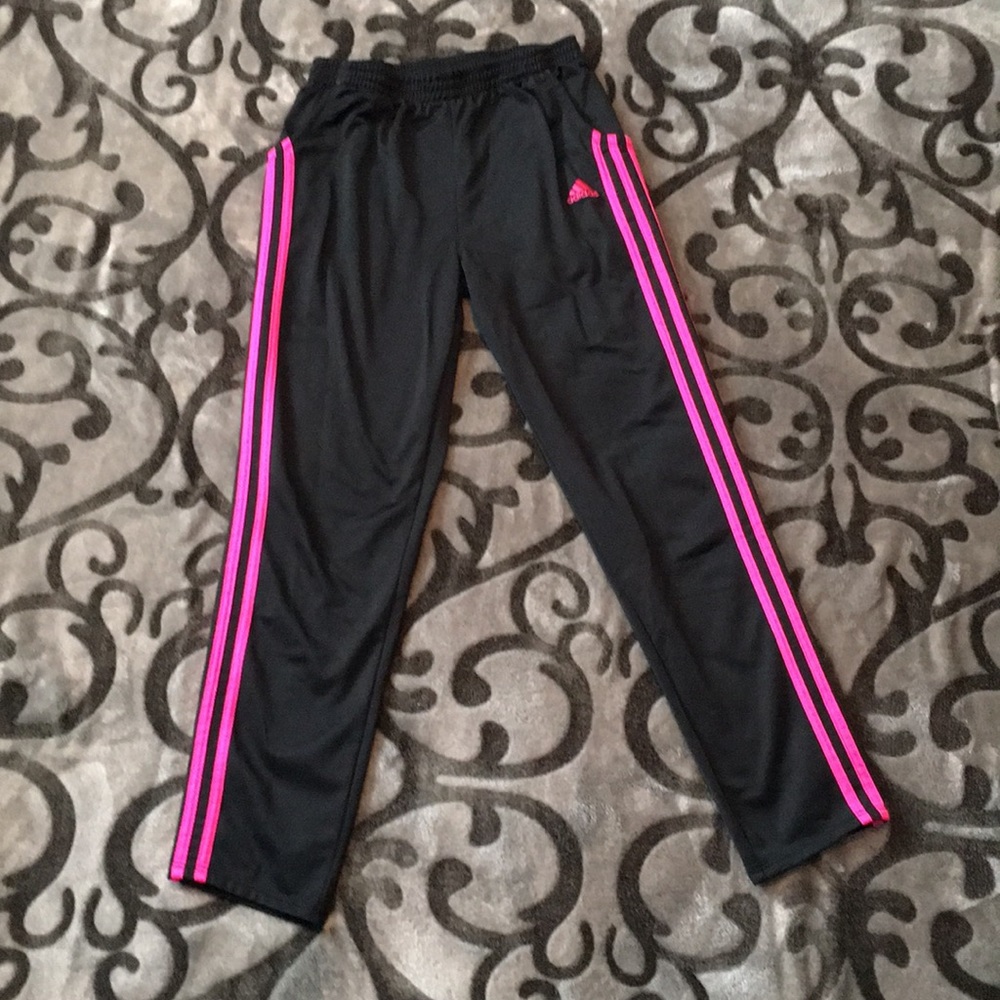 EUC Girls Adidas pants black with pink stripes